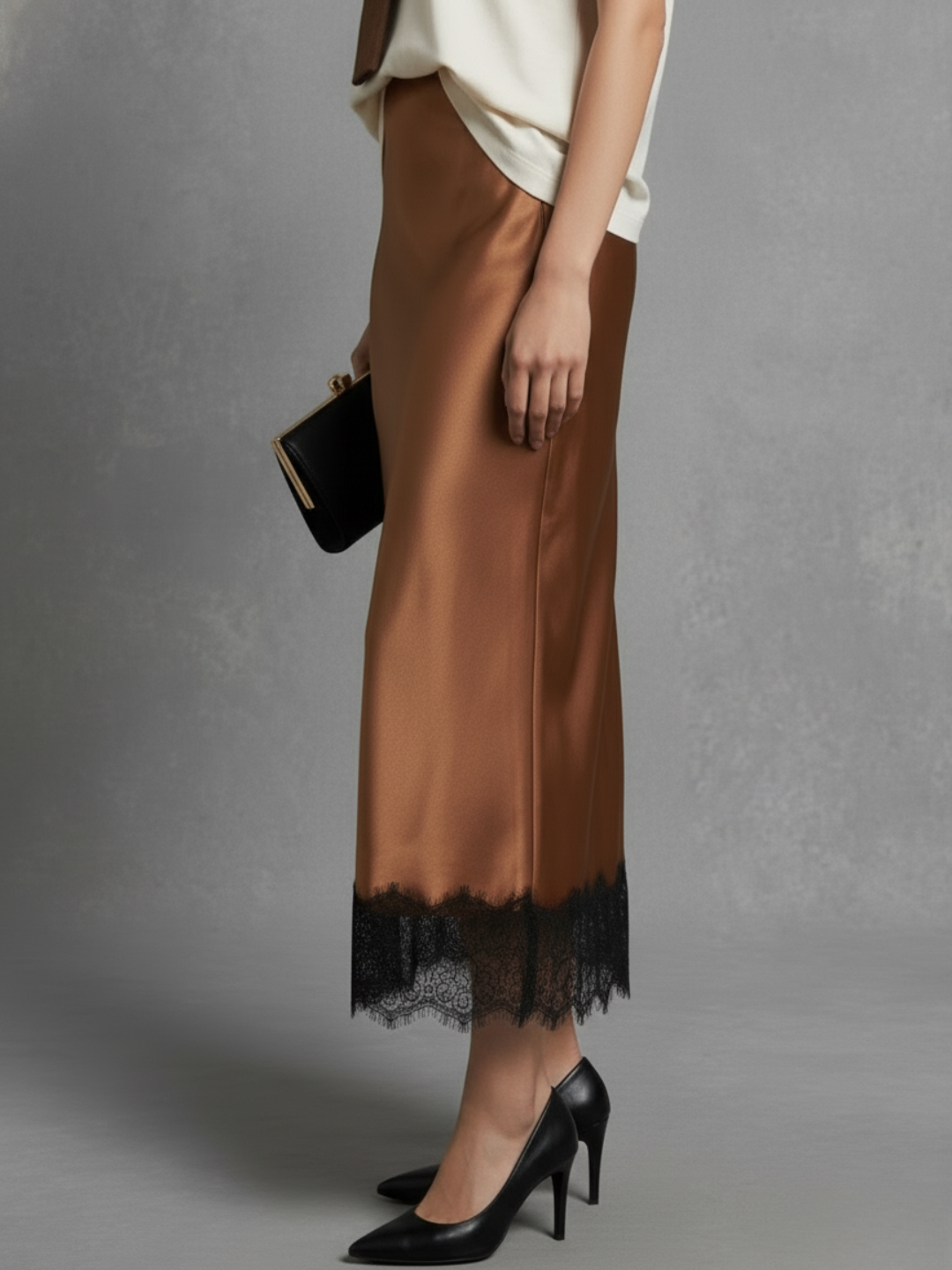 Lace Satin Midi Skirt