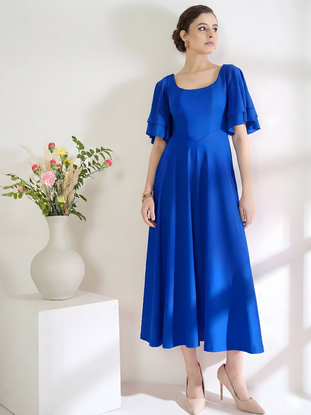Stretchable Ruffled Sleeve Fit & Flare Dress