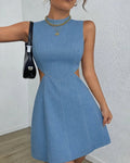 Solid Cut Out Waist A-line Mini Dress in Light Blue