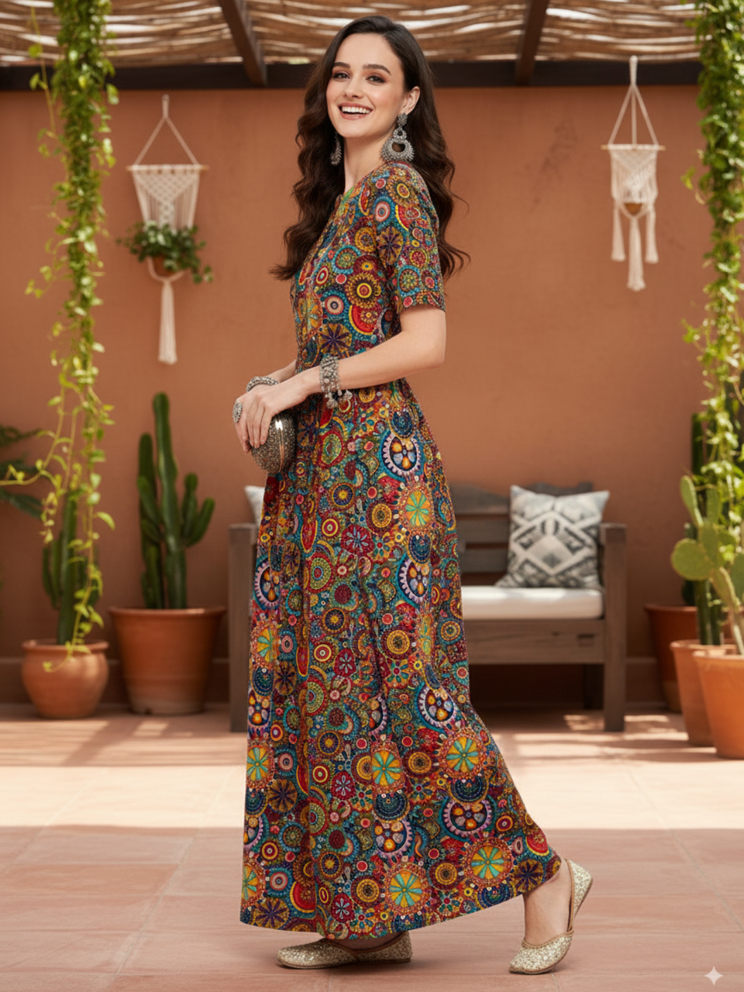 Printed Maxi Dress with Belt - Pinkkup