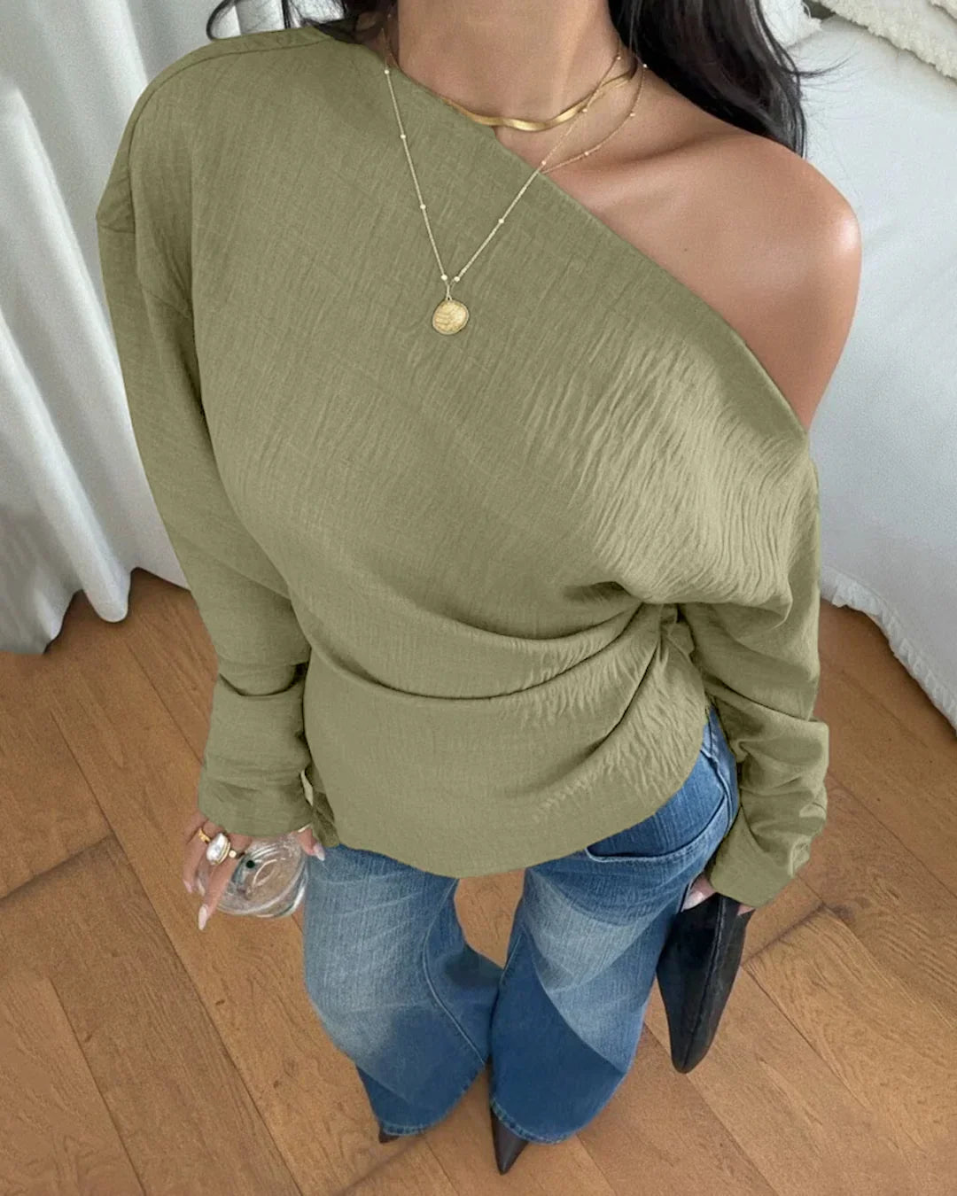 Off-Shoulder Solid Color Asymmetrical Neck Top in Herbal