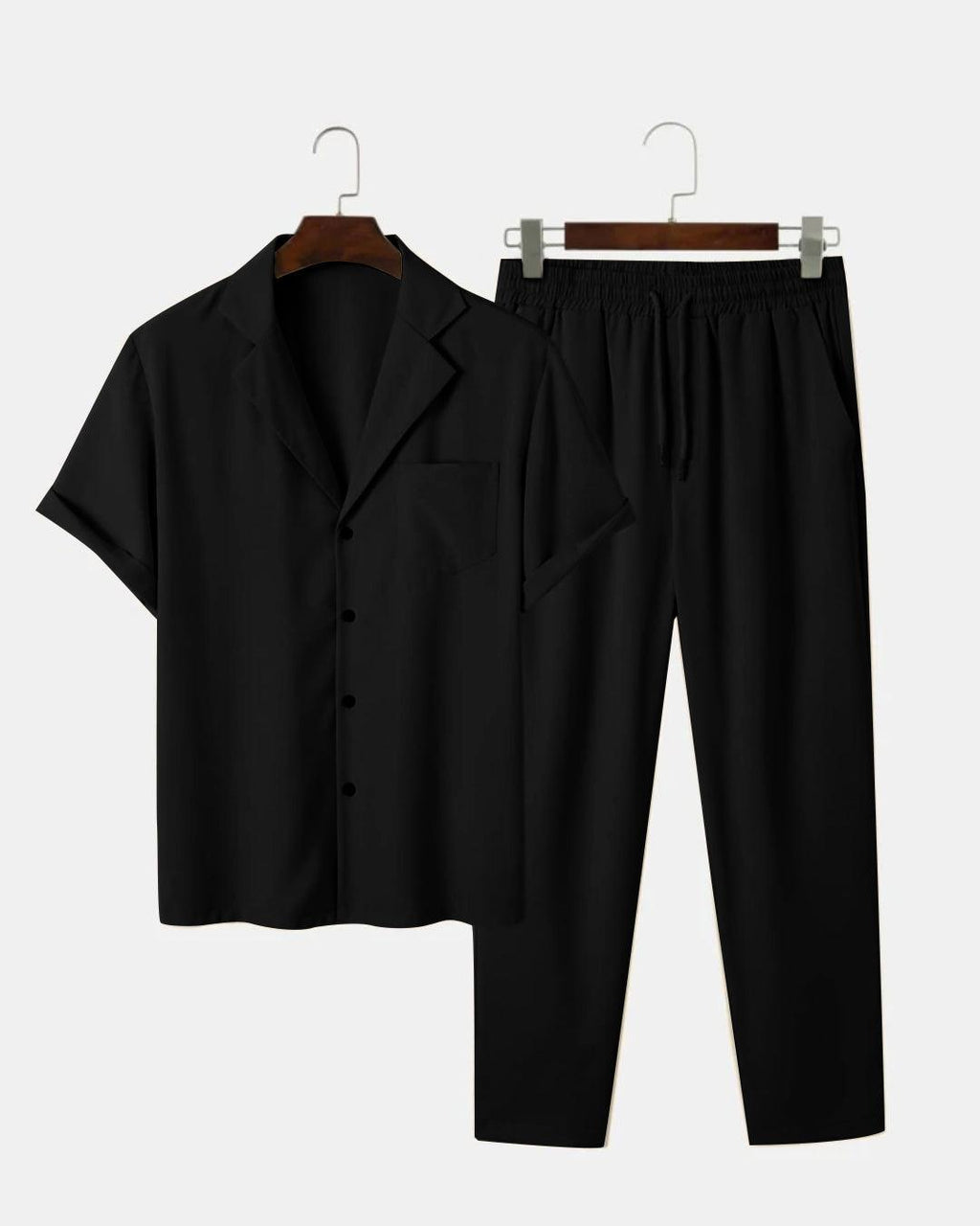 Men Two Piece Outfit Casual Basic Short Sleeved Button Up Shirt & Straight Leg Pant In Black