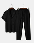 Men Two Piece Outfit Casual Basic Short Sleeved Button Up Shirt & Straight Leg Pant In Black