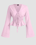 Tie Front Long Sleeve Ruffle Hem Top in Pink
