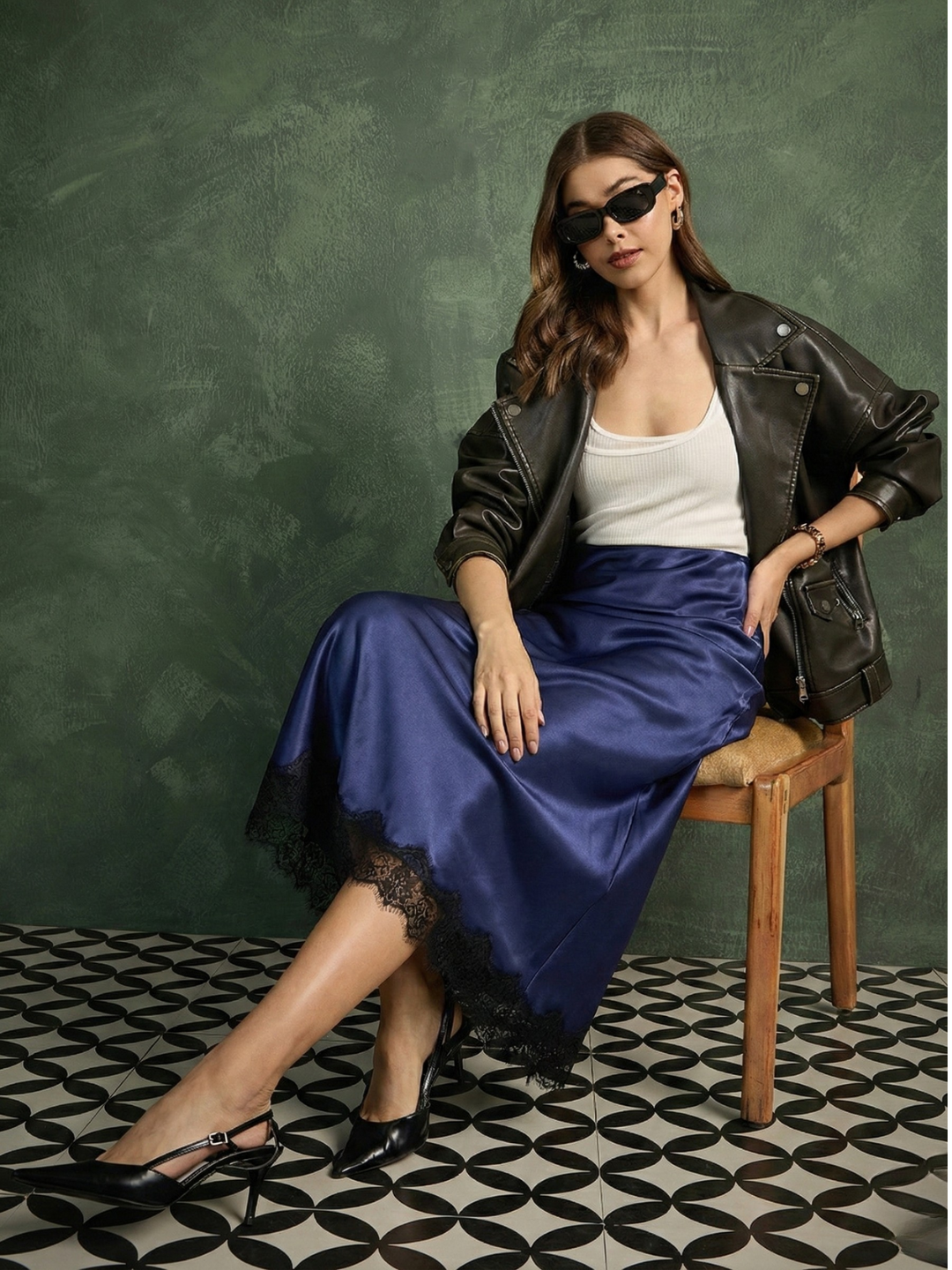 Lace Satin Midi Skirt