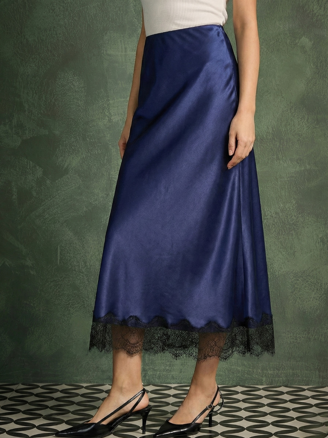 Lace Satin Midi Skirt