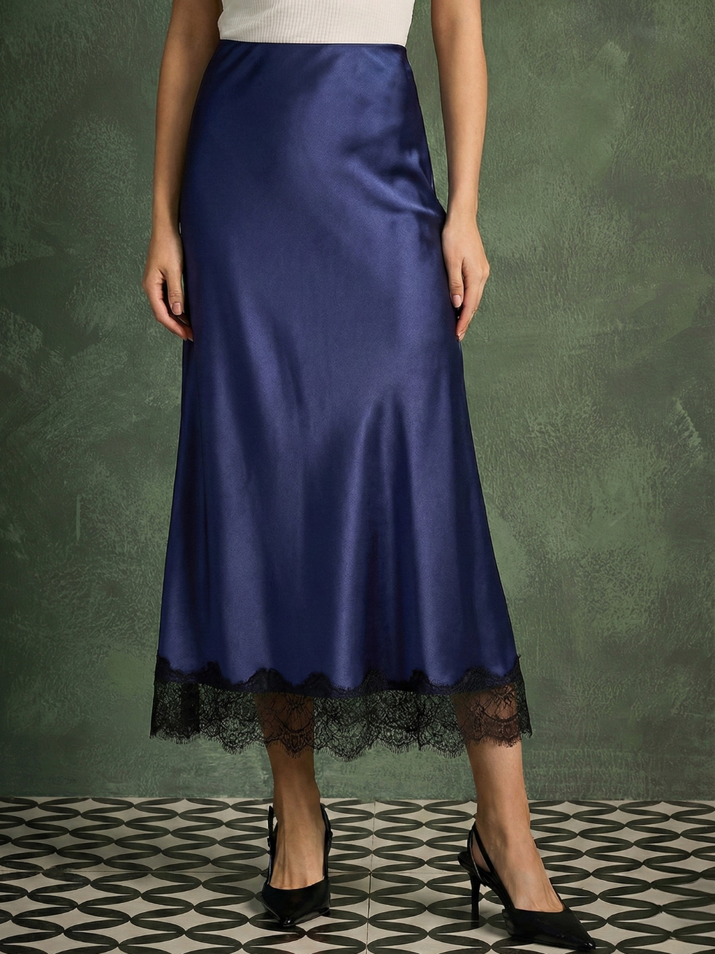 Lace Satin Midi Skirt
