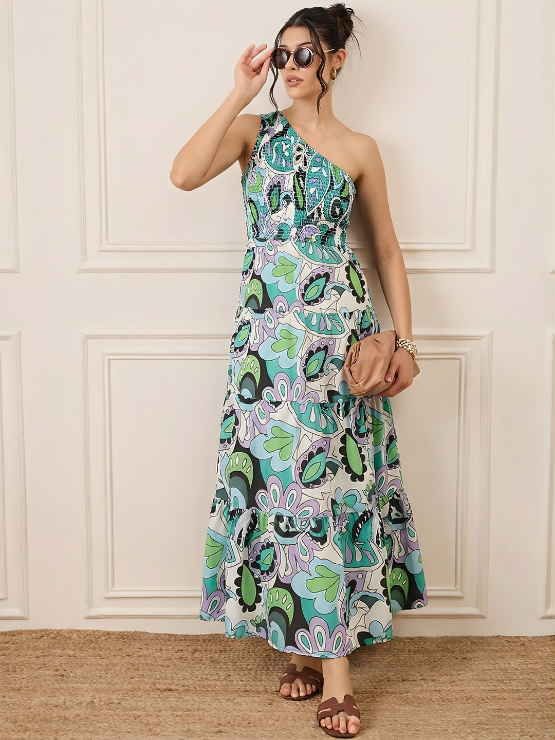 One Shoulder Smocked Maxi Dress