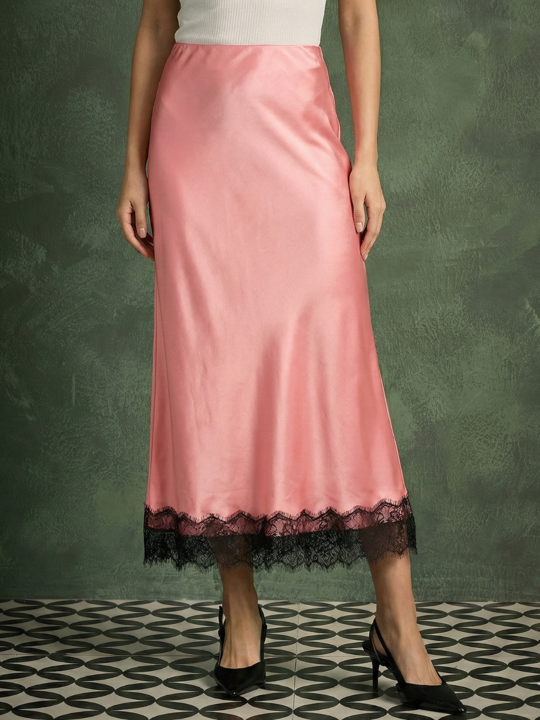 Lace Satin Midi Skirt