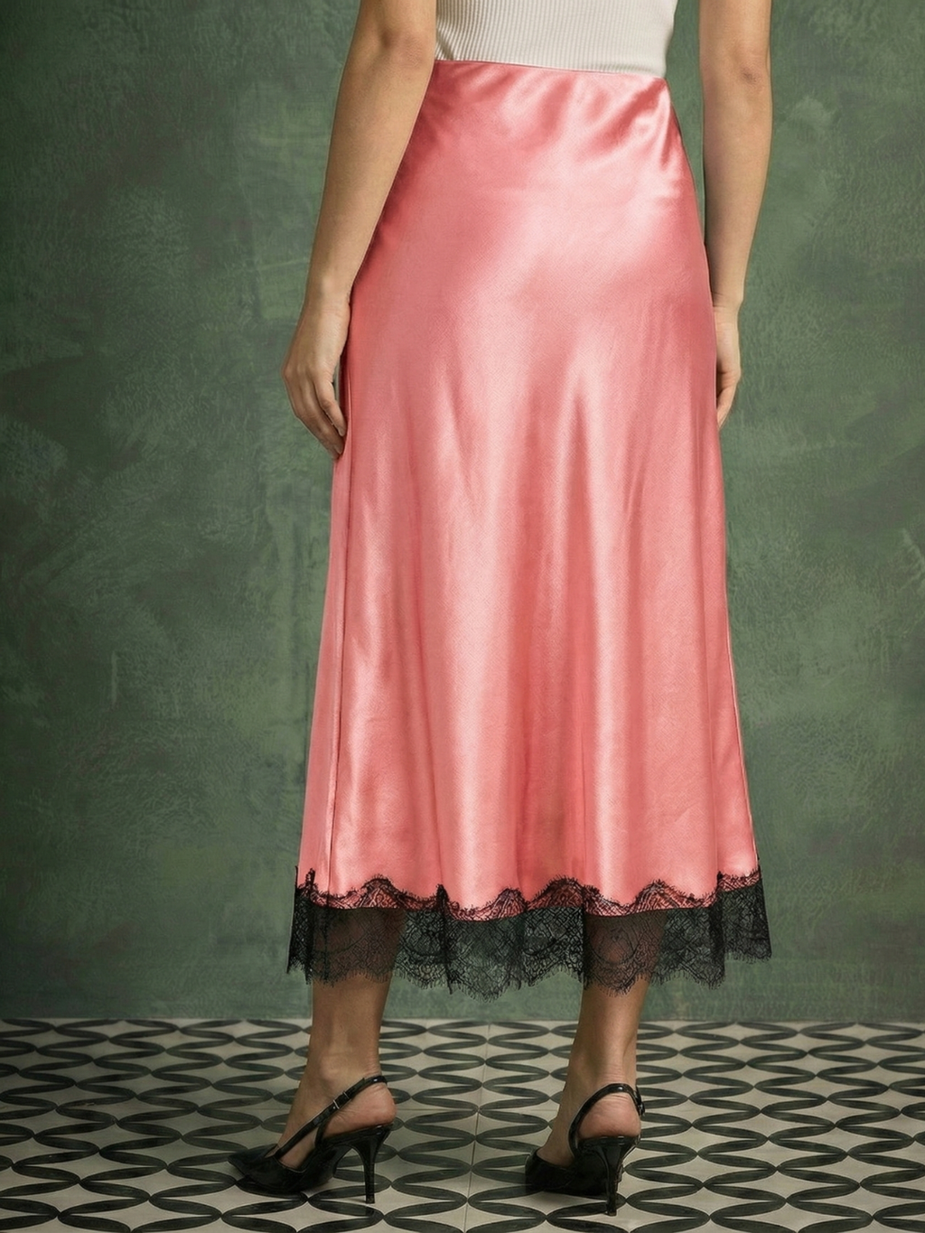Lace Satin Midi Skirt