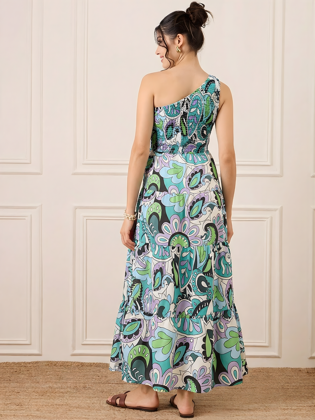 One Shoulder Smocked Maxi Dress