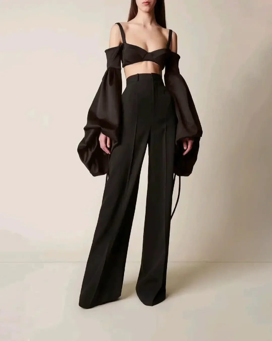Puff Sleeve Front Slit Crop Top in Chocolate