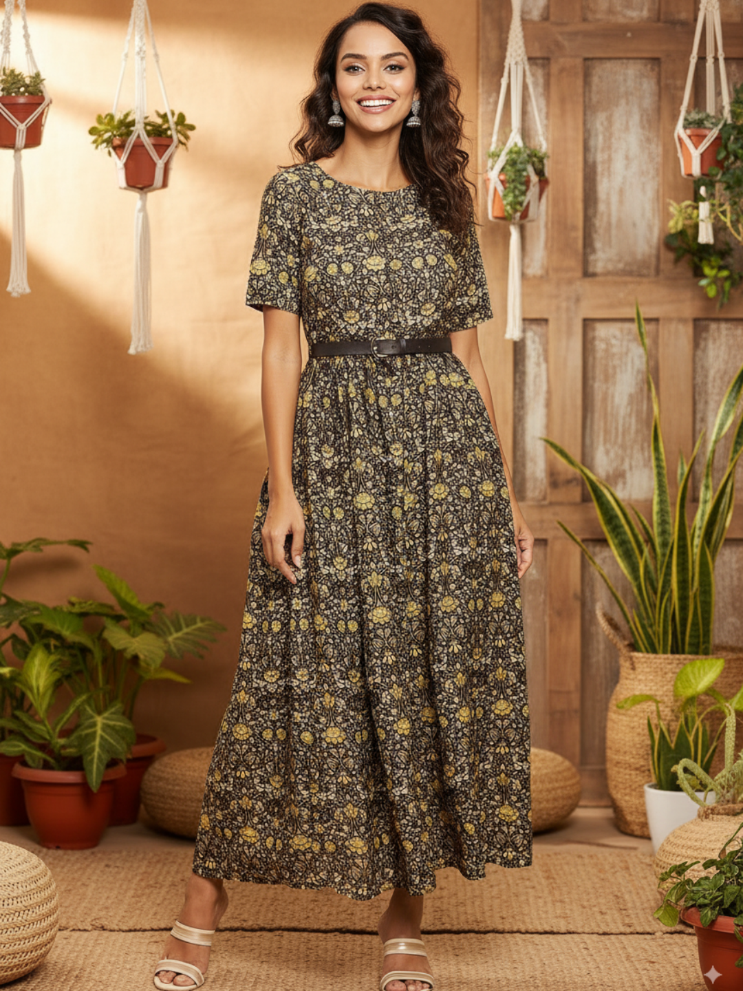Printed Maxi Dress with Belt - Pinkkup