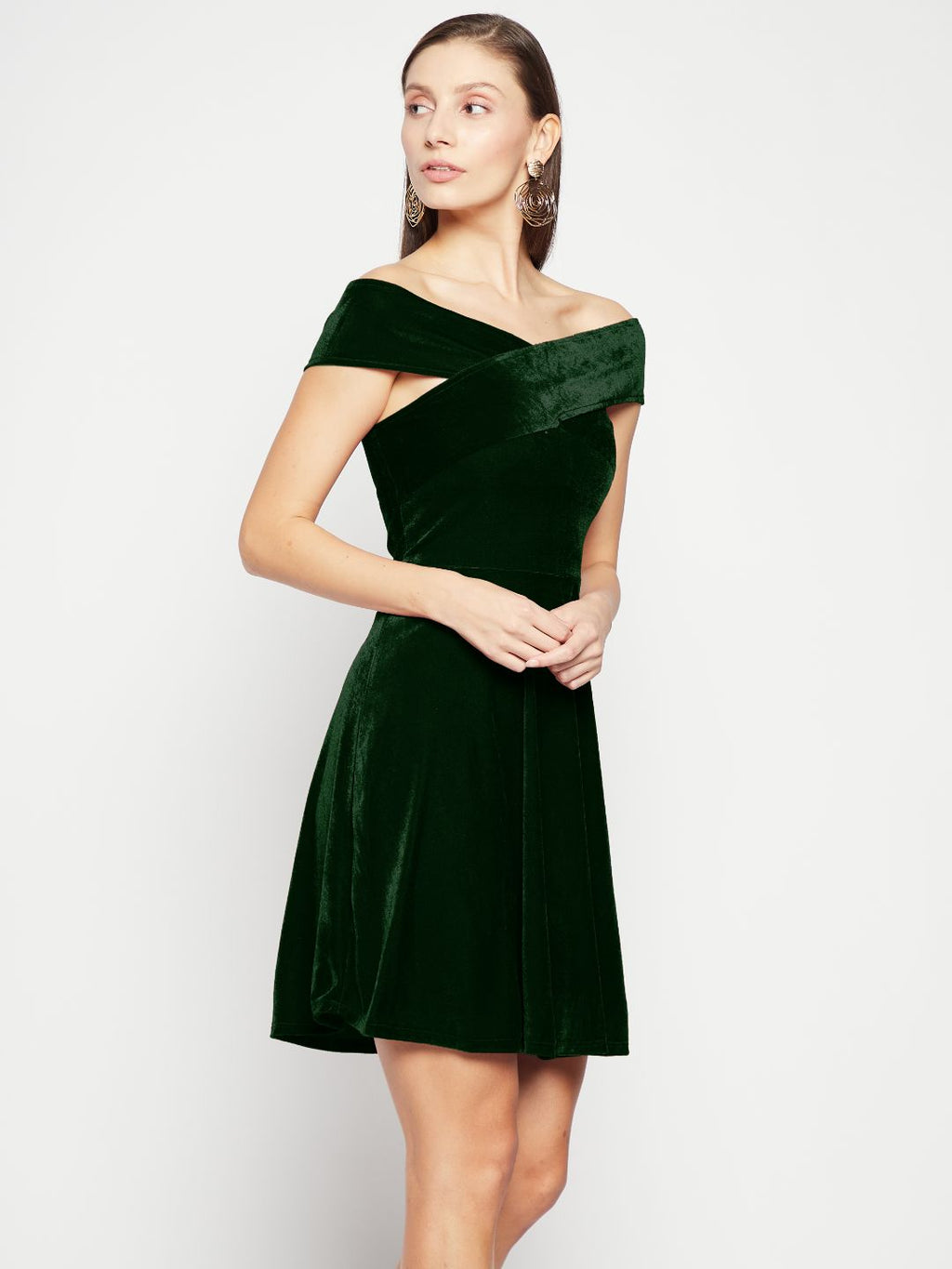 Off Shoulder Stretchable Velvet Skater Dress - Pinkkup