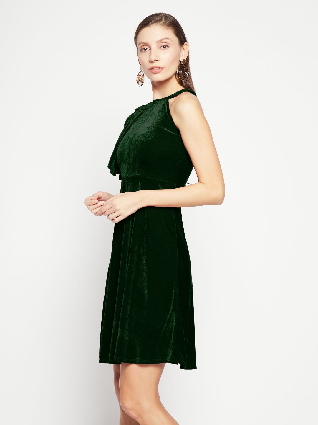 Ruffle Detail Stretchable Velvet Skater Dress