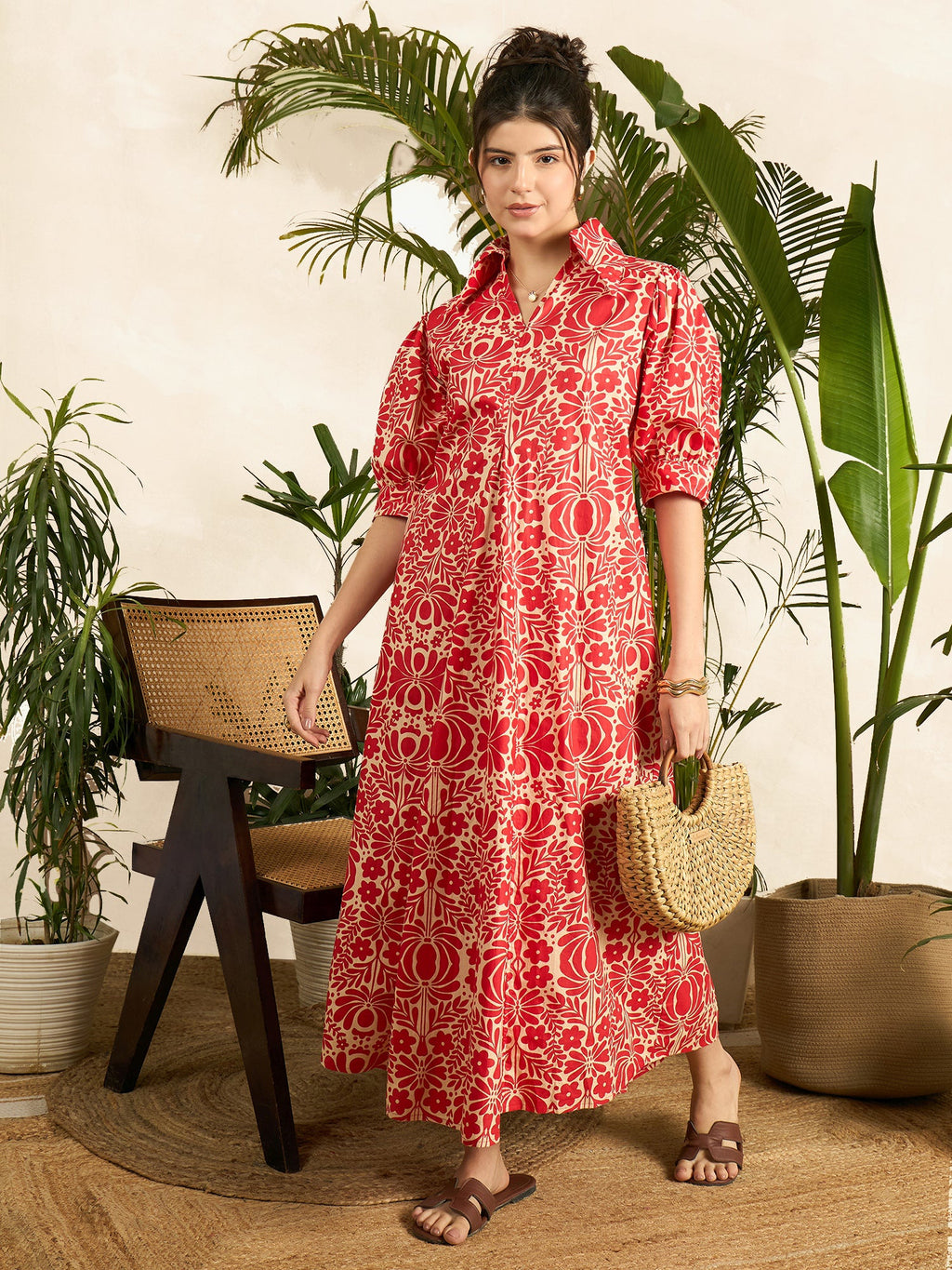 Front Pleated Cotton Midi Dress - Pinkkup