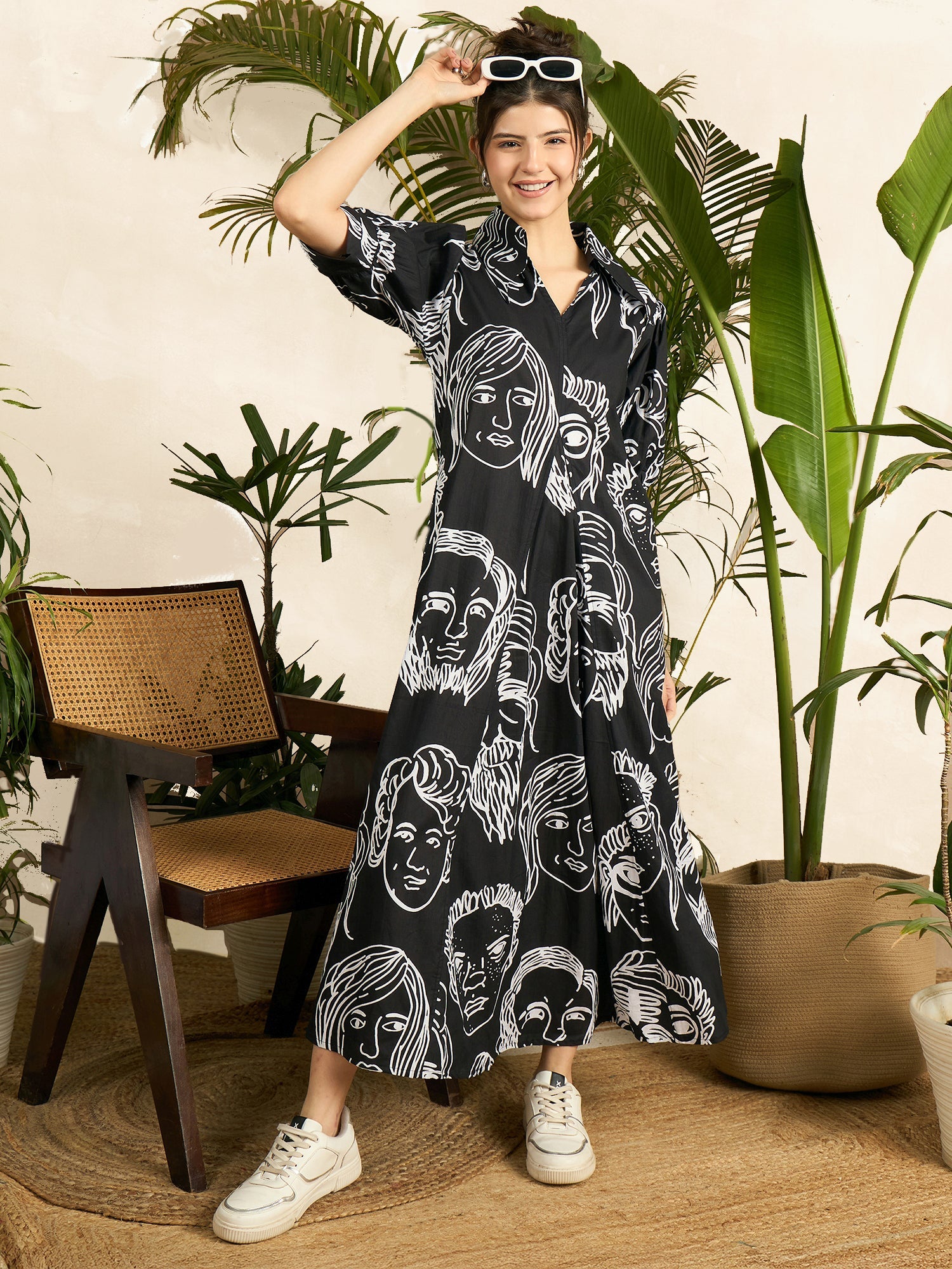 Front Pleated Cotton Midi Dress - Pinkkup
