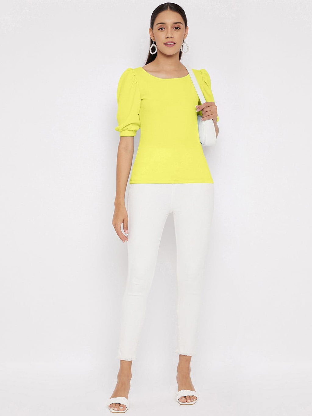 Cotton Solid Stretchable Round Neck Puff Sleeve Top
