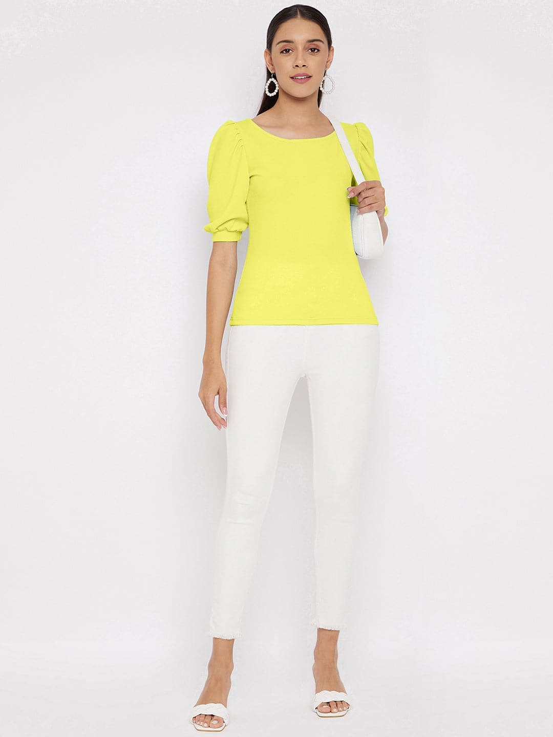 Cotton Solid Stretchable Round Neck Puff Sleeve Top