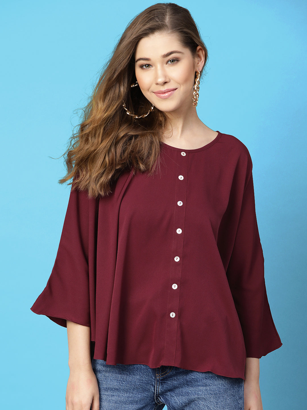 Maroon Buttoned Crepe Cape Top