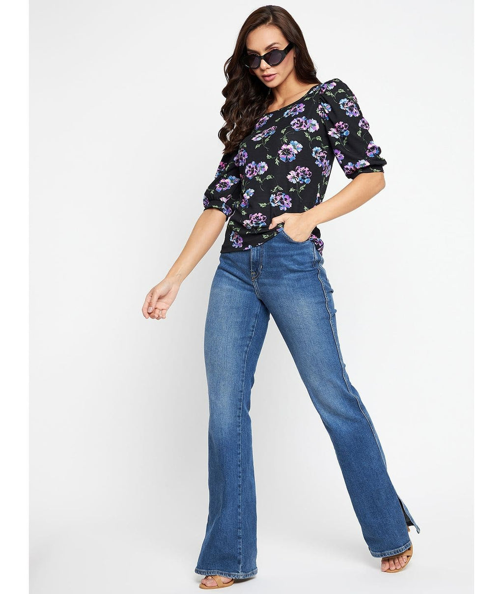 Cotton Floral Printed Stretchable Puff Sleeve Top