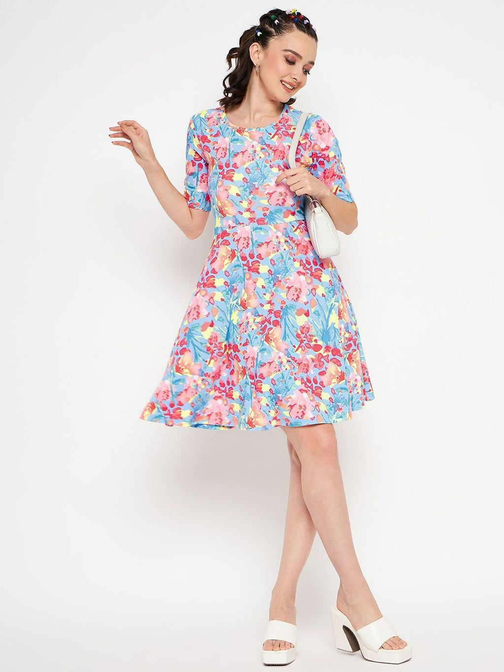 Round Neck Stretchable Skater Cotton Dress - Pinkkup