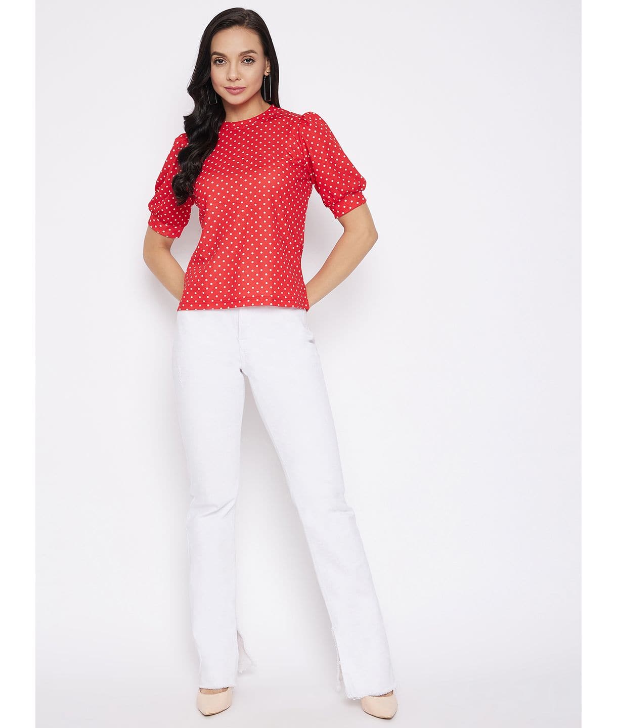 Cotton Polka Stretchable Puff Sleeve Top