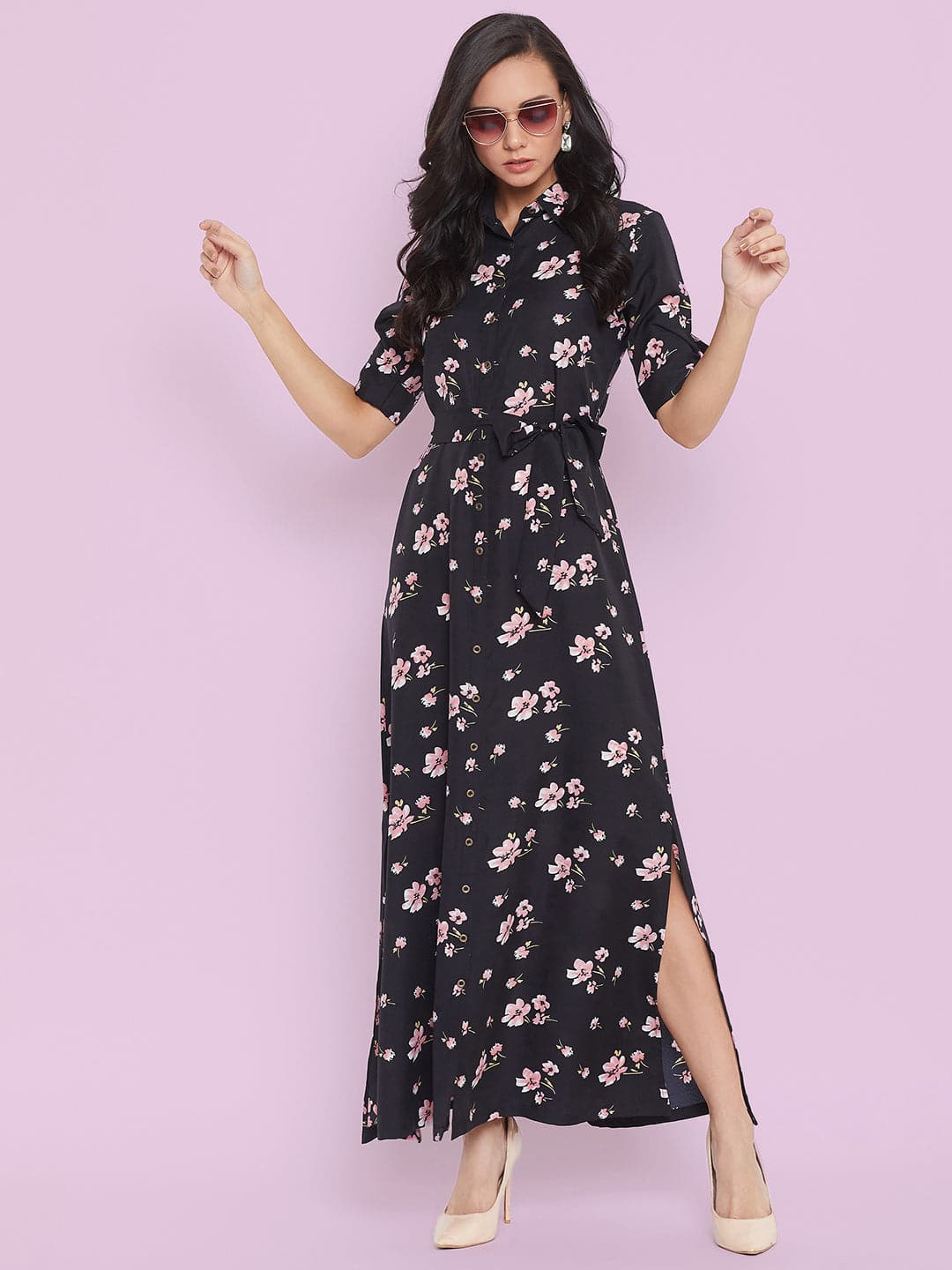 Collar Buttoned Down Shirt Maxi Dress - Pinkkup