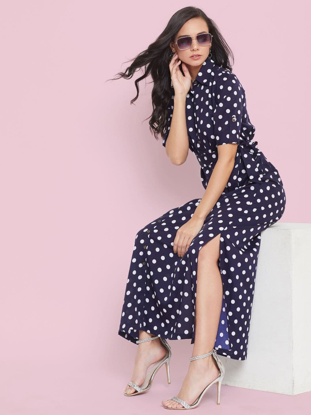 Collar Buttoned Down Shirt Maxi Dress - Pinkkup