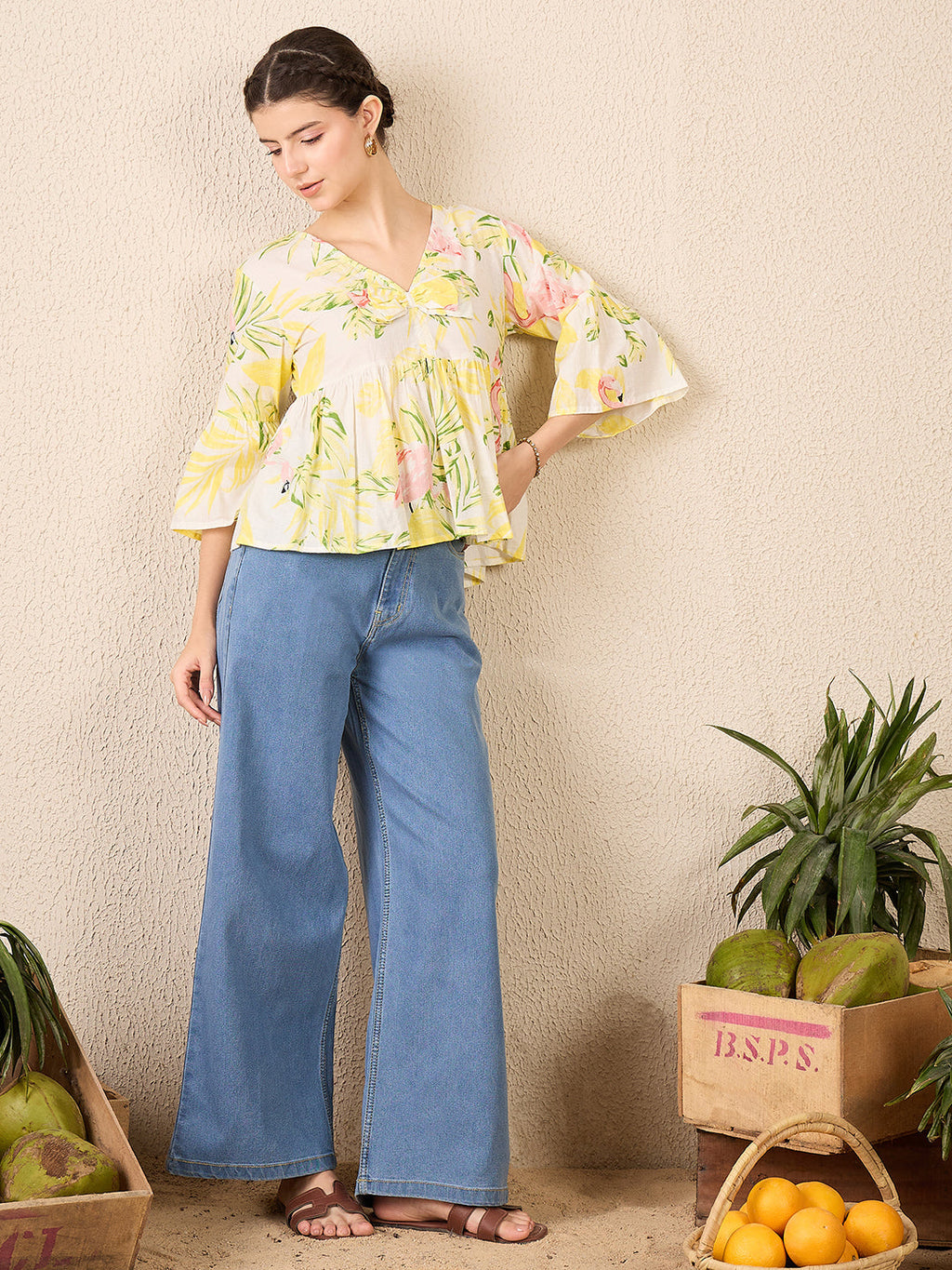 Bell Sleeve Cotton Peplum Top