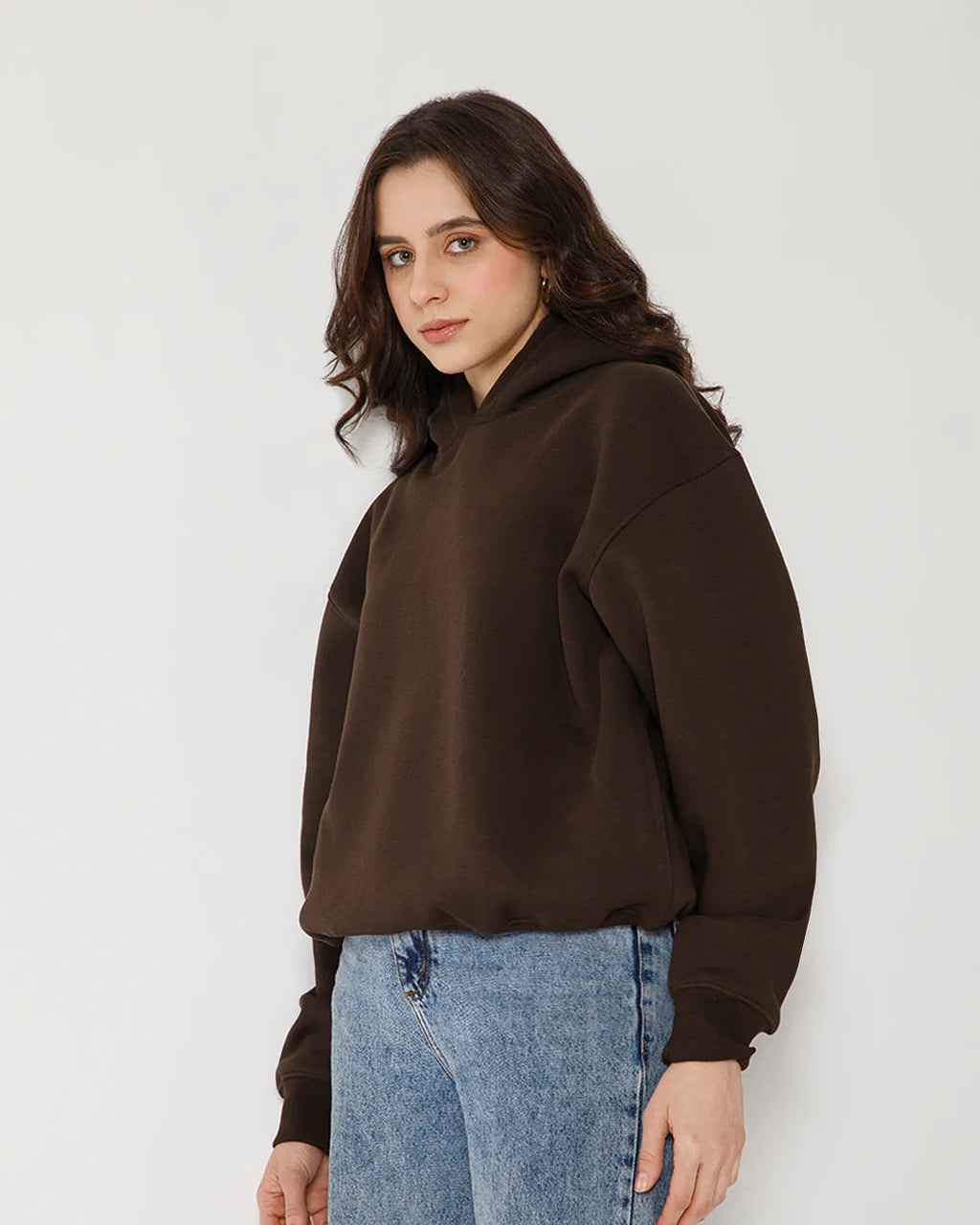 Womens Solid Drawstring Full Sleeve Hoodie in Coffee