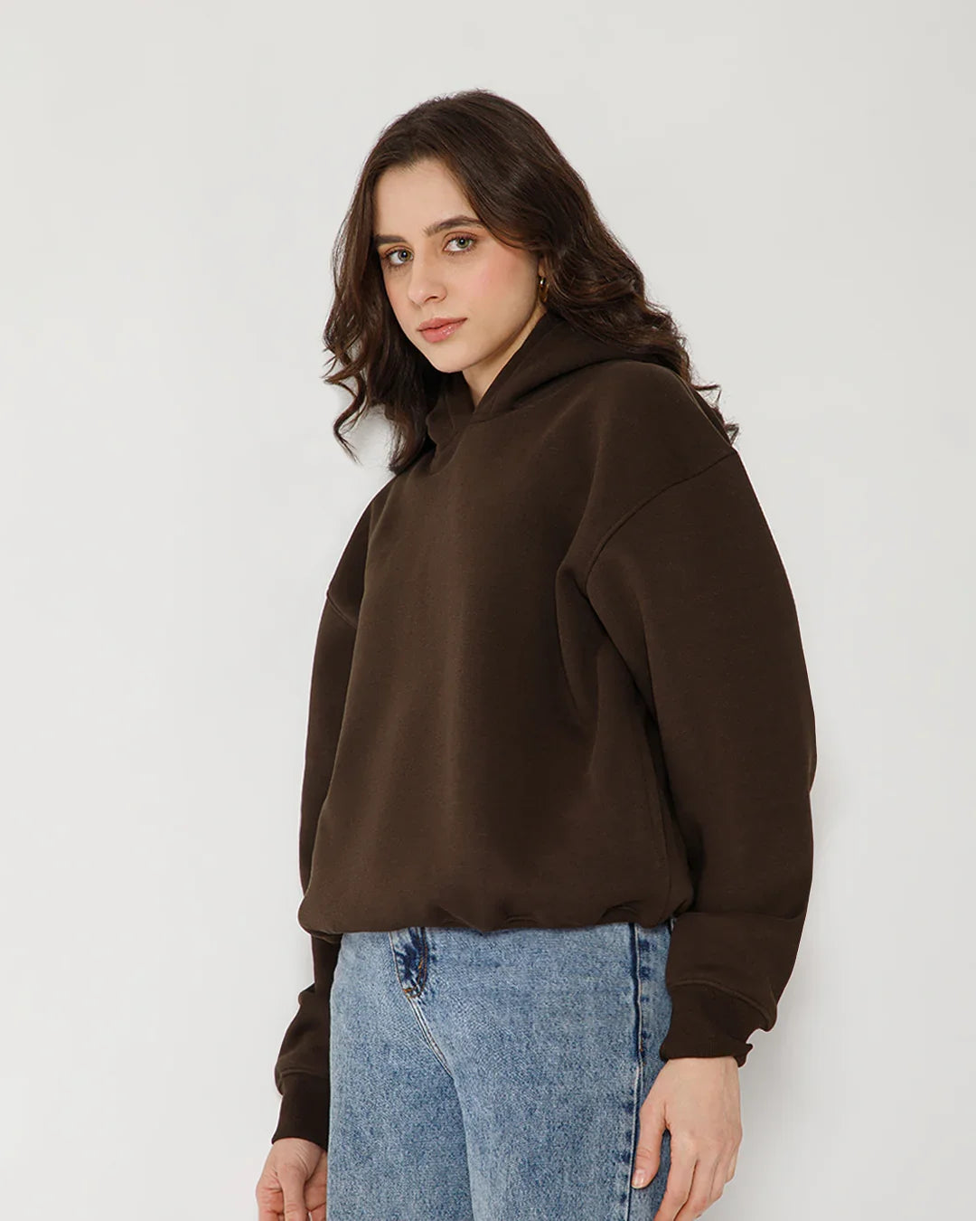 Womens Solid Drawstring Full Sleeve Hoodie in Coffee