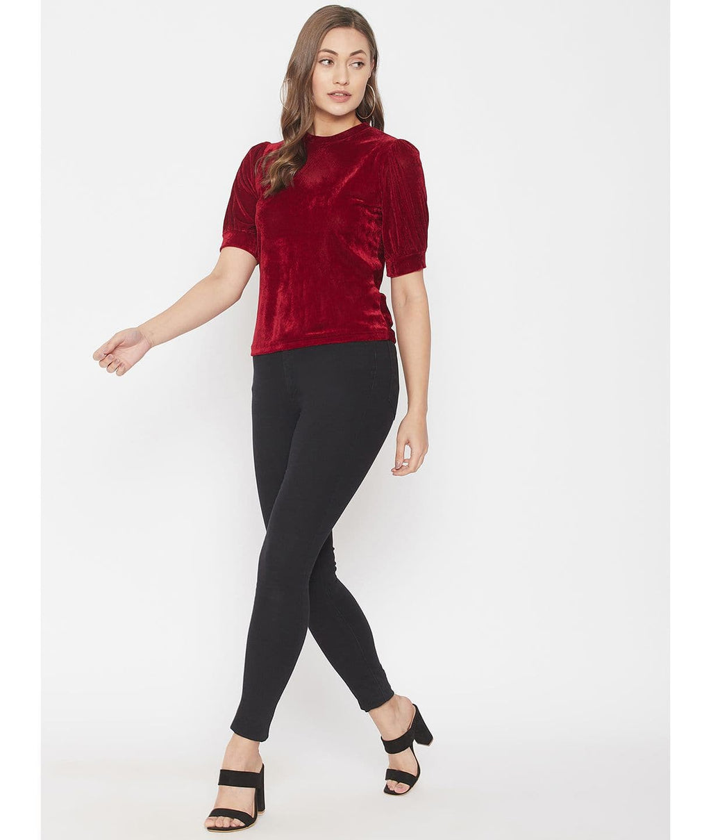 Stretchable Velvet High Neck Puff Sleeve Top