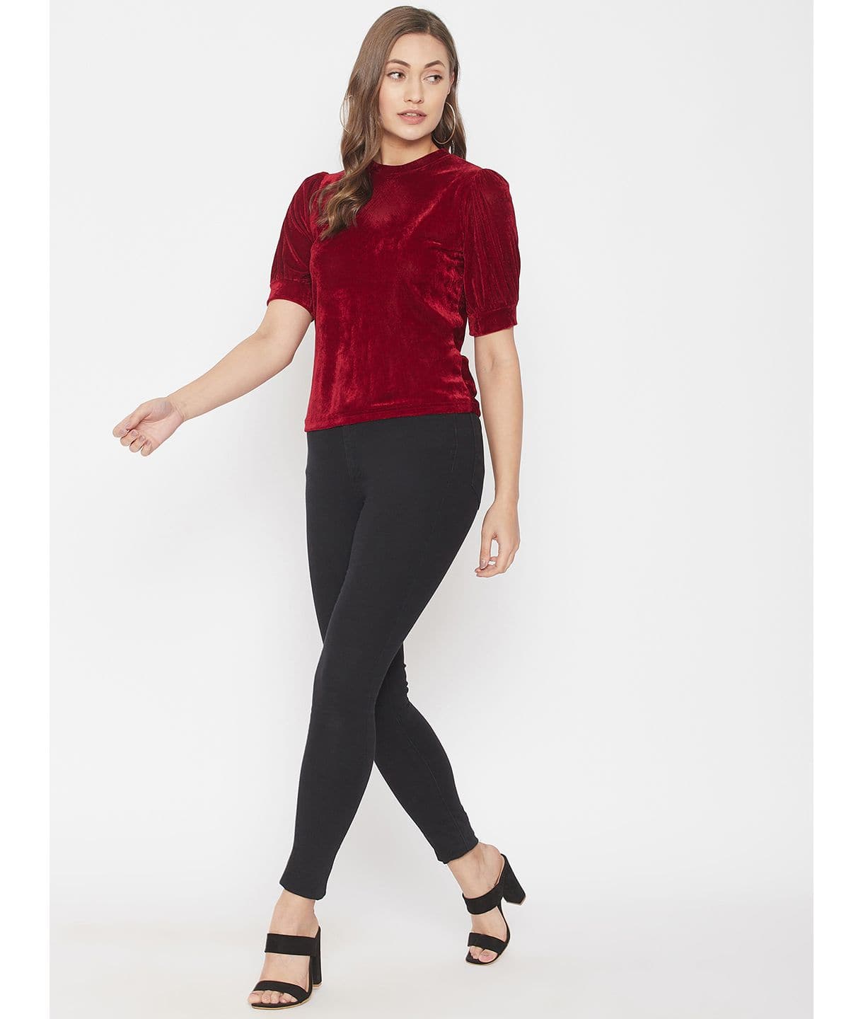 Stretchable Velvet High Neck Puff Sleeve Top