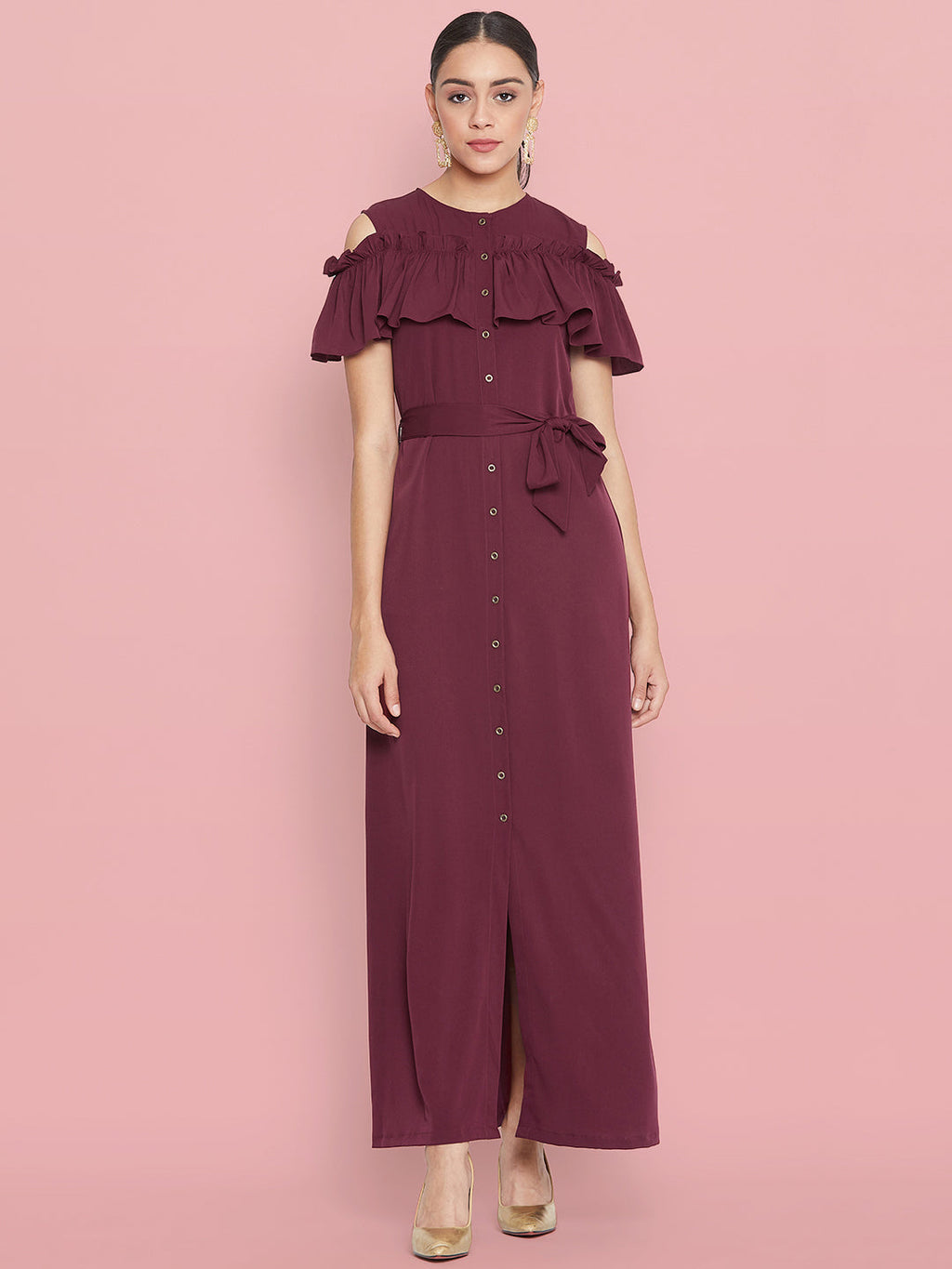 Ruffled Buttoned Cold Shoulder Maxi Dress