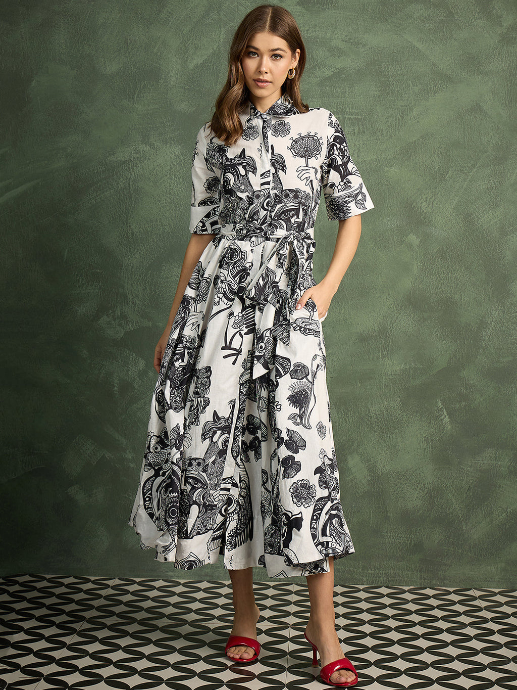 Pure Cotton Buttoned Down Shirt Dress With Belt