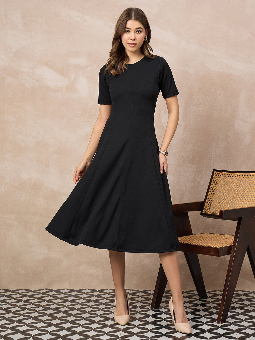 Stretchable Flared-Skirt Ribbed Dress