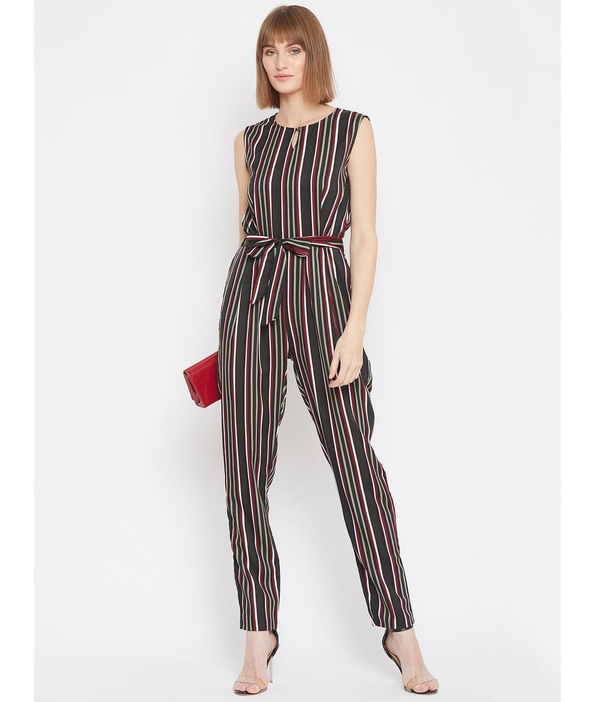 Striped Keyhole Jumpsuit with Belt - Pinkkup