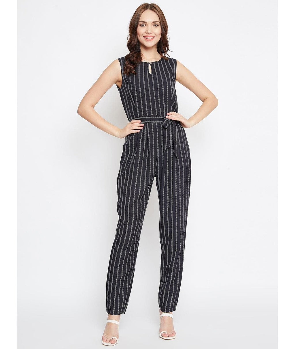 Striped Keyhole Jumpsuit with Belt - Pinkkup