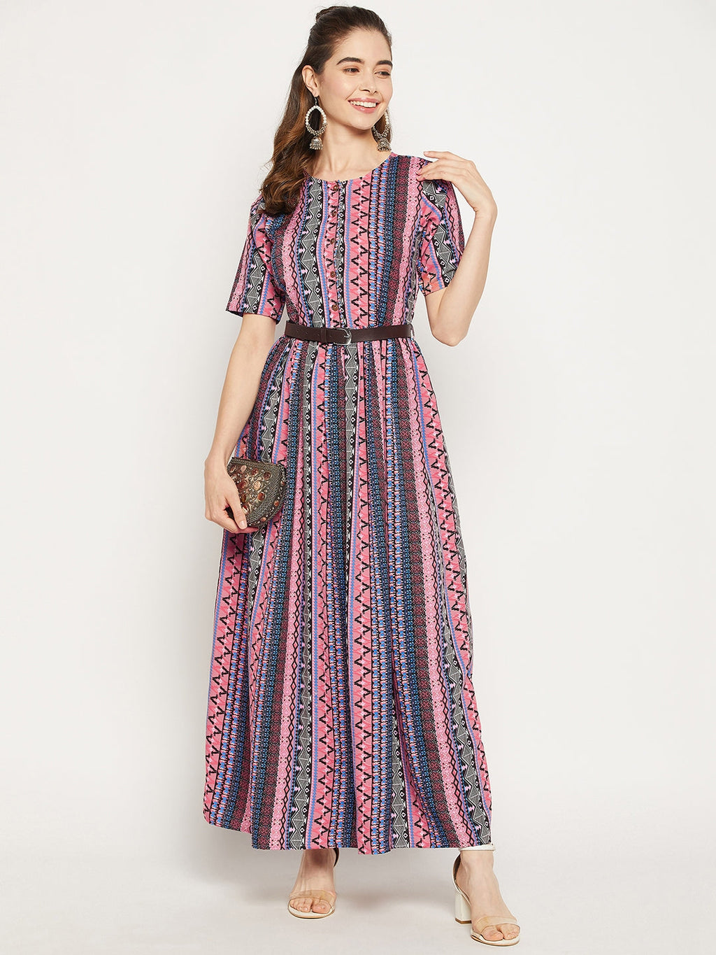 Printed Maxi Dress with Belt