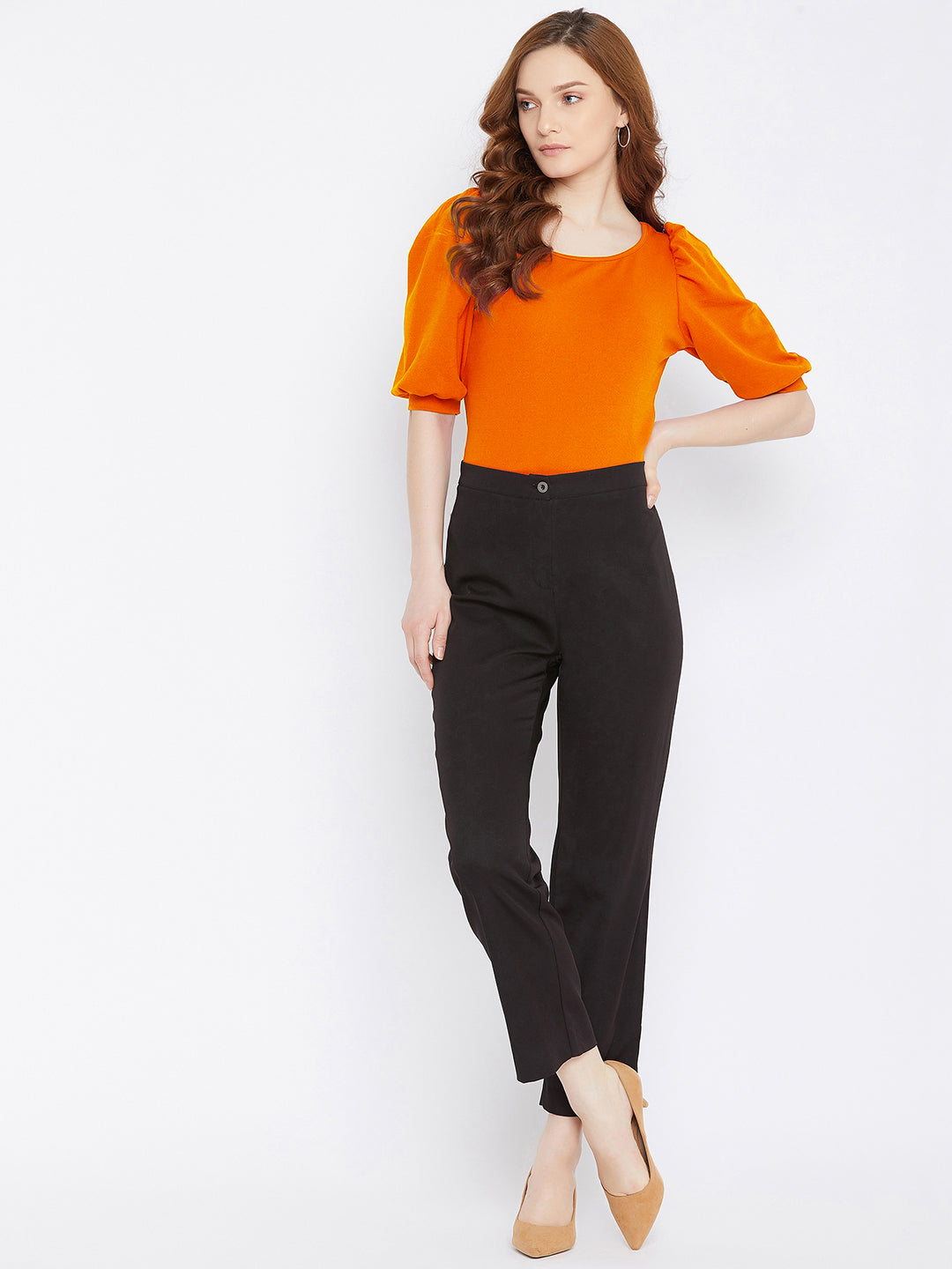 Cotton Solid Stretchable Round Neck Puff Sleeve Top