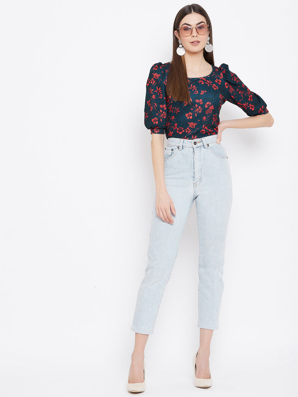 Cotton Floral Stretchable Puff Sleeve Top