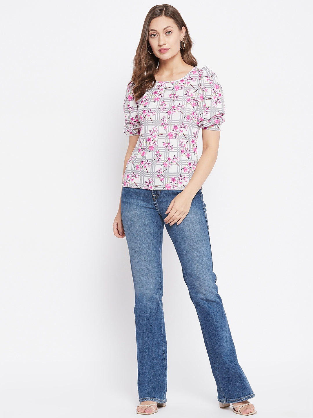 Cotton Floral Stretchable Puff Sleeve Top