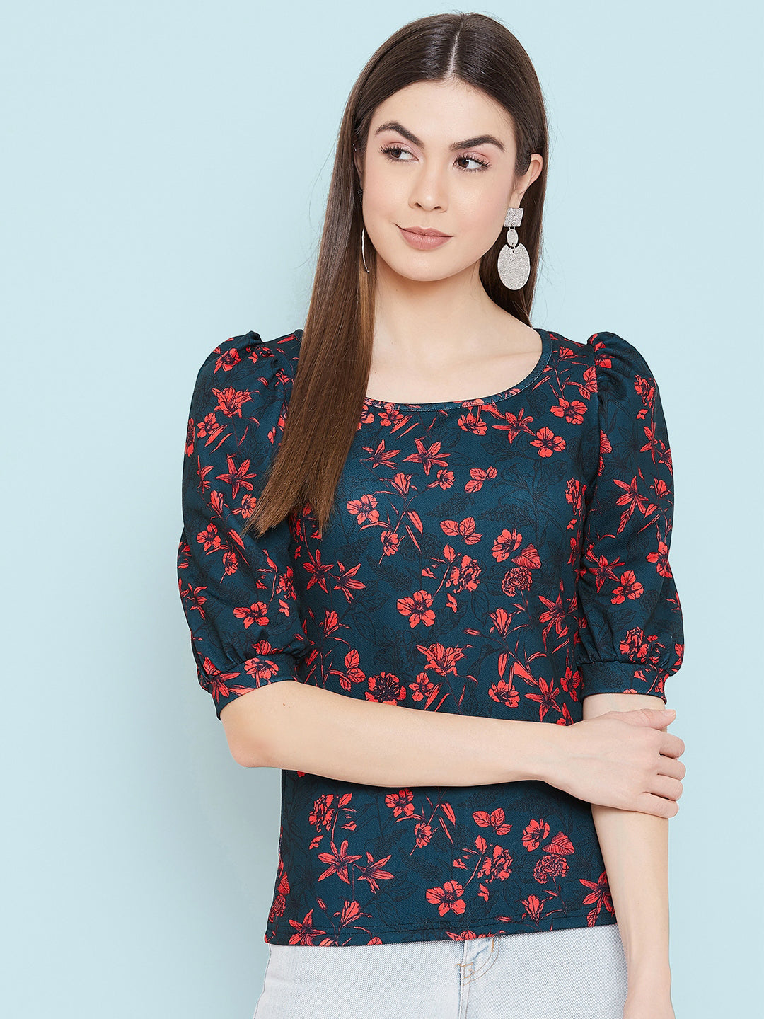 Cotton Floral Stretchable Puff Sleeve Top