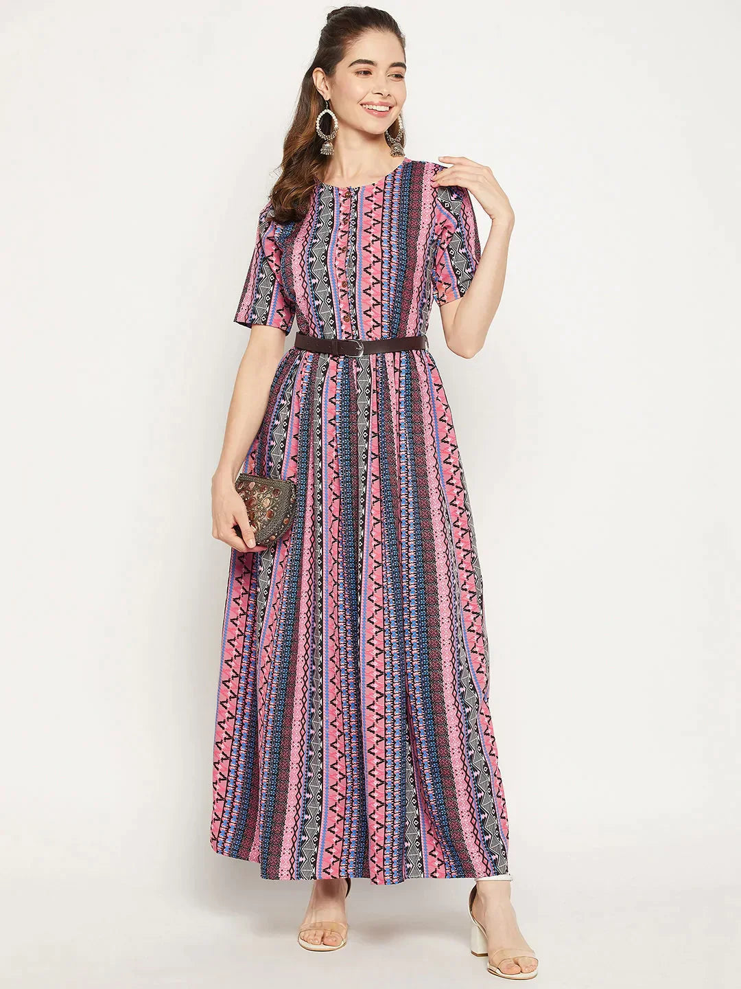 Printed Maxi Dress with Belt