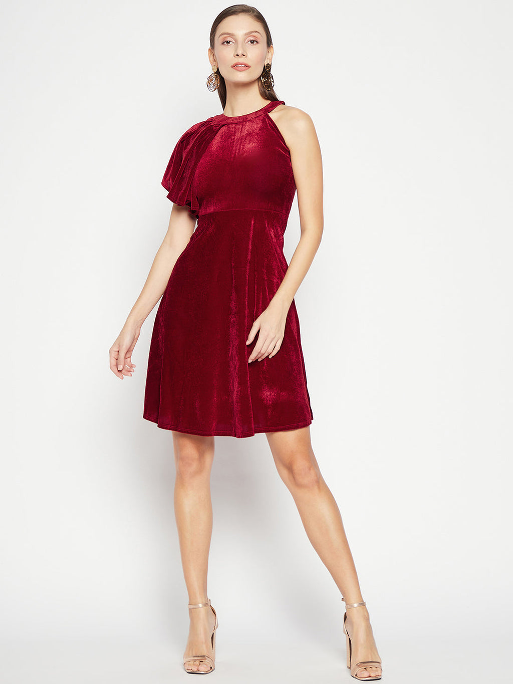 Ruffle Detail Stretchable Velvet Skater Dress - Pinkkup