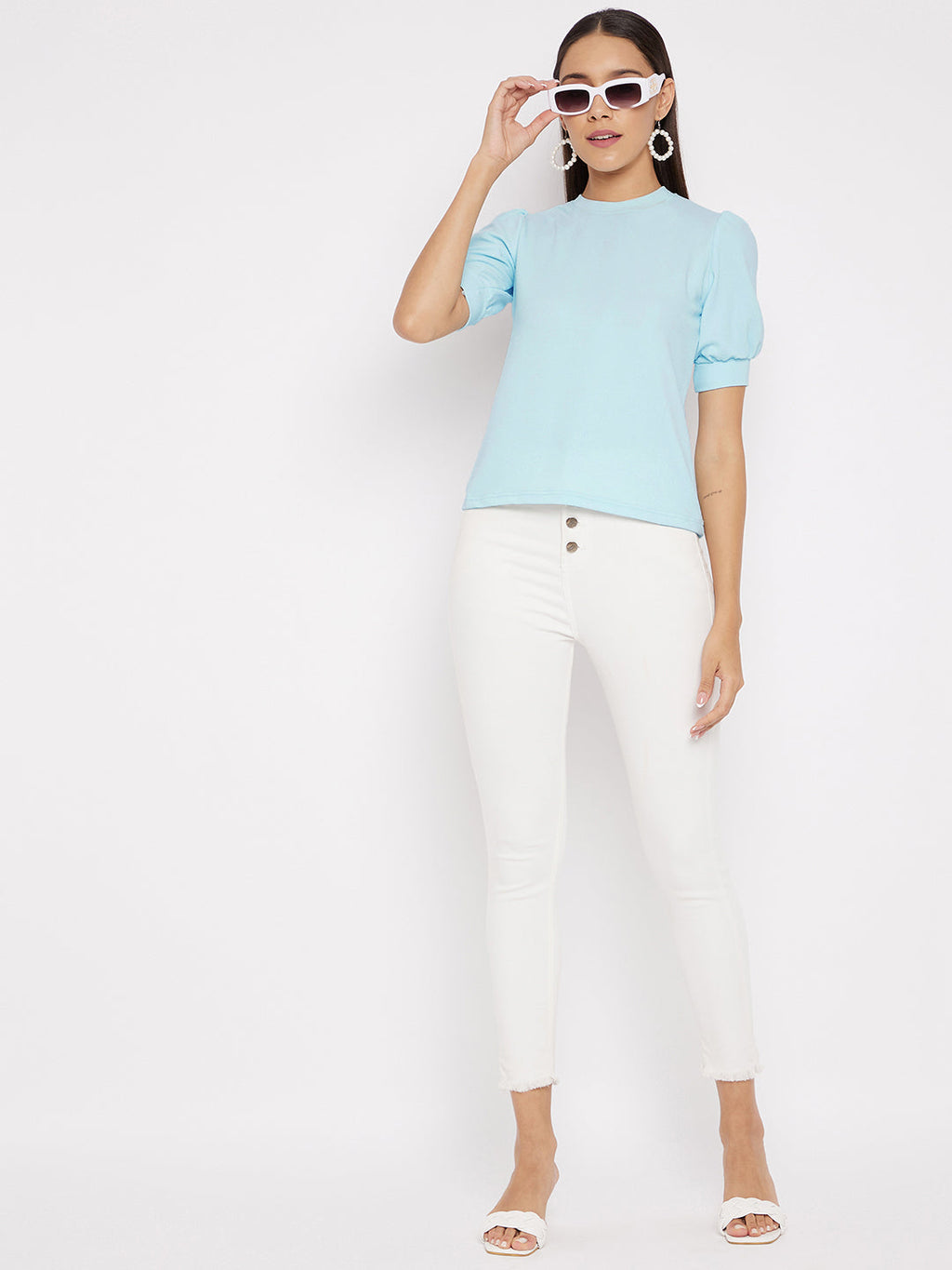 Cotton Solid Stretchable High Neck Puff Sleeve Top