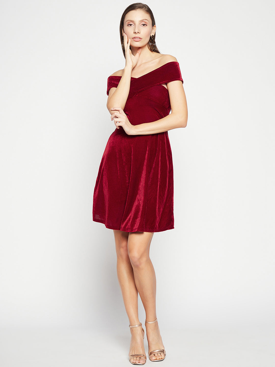 Off Shoulder Stretchable Velvet Skater Dress