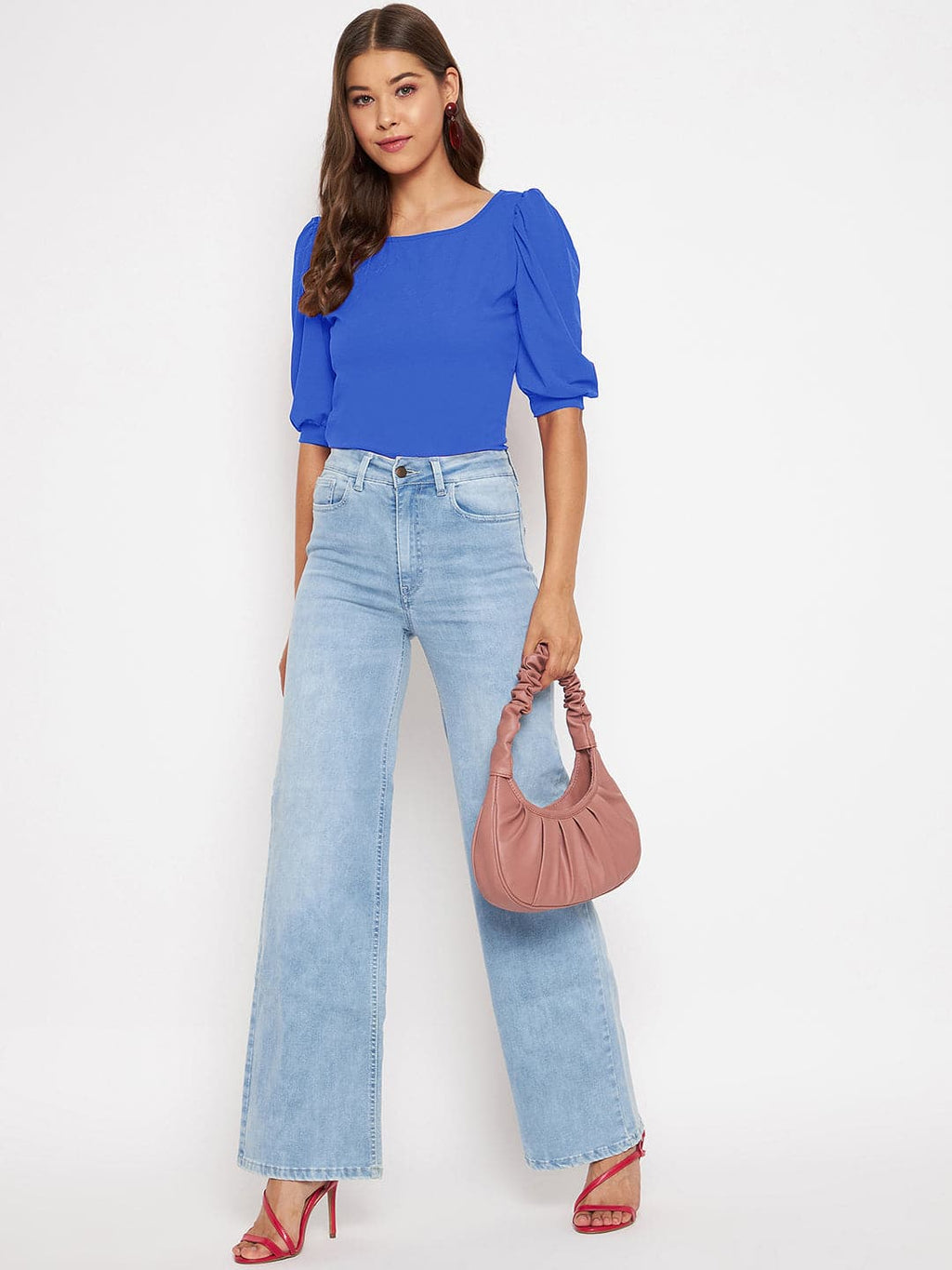 Cotton Solid Stretchable Round Neck Puff Sleeve Top
