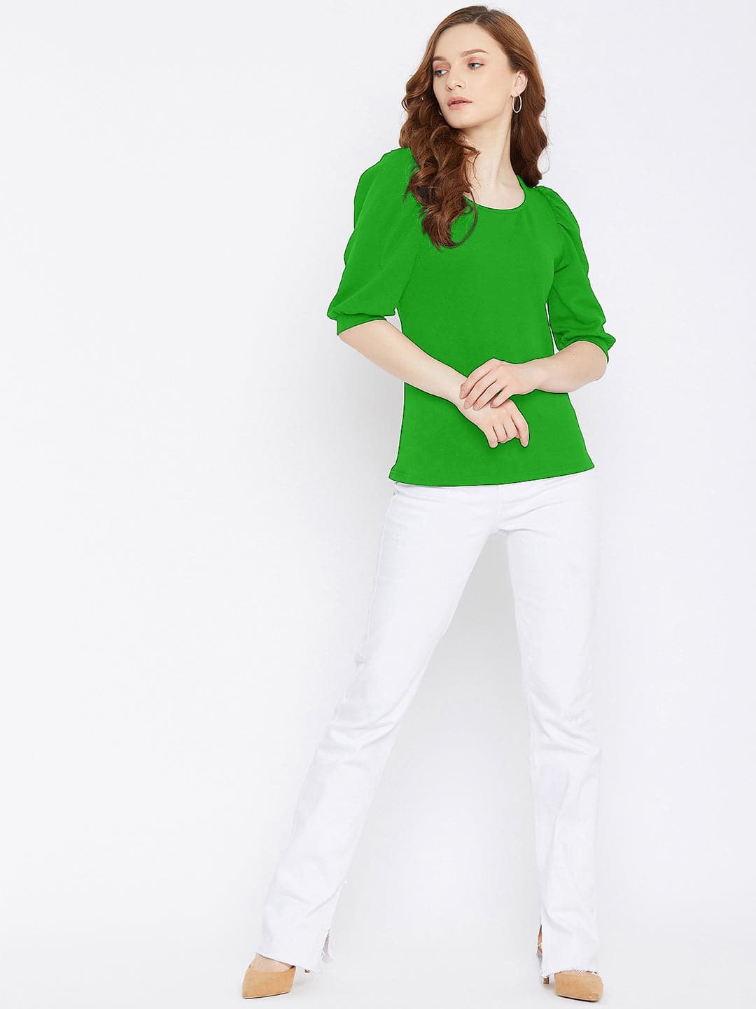Cotton Solid Stretchable Round Neck Puff Sleeve Top